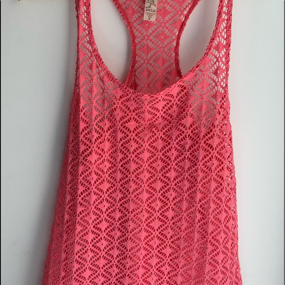 SOLD! Miken Women’s Coral Pink Crocheted Racerback Sleeveless Swim Suit Cover up